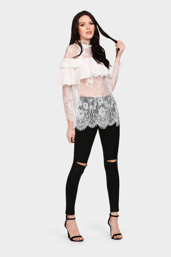 Cream Lace Blouse With Ruffles