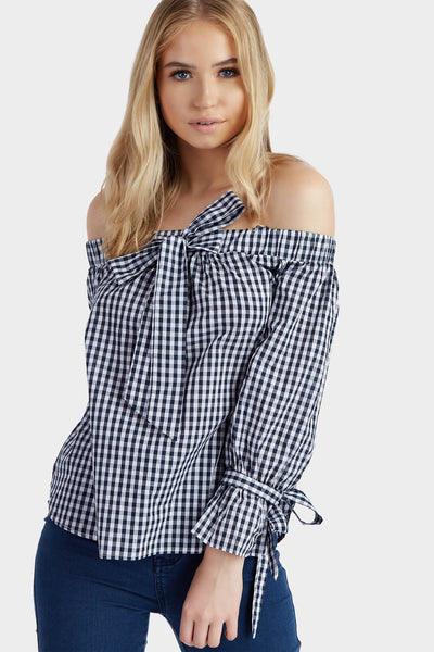 Navy Gingham Tie Sleeve Bardot Top
