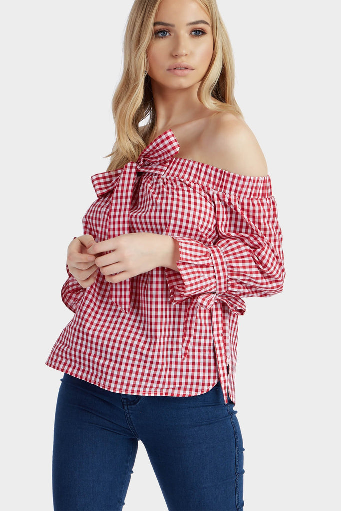 Red Gingham Tie Sleeve Bardot Top