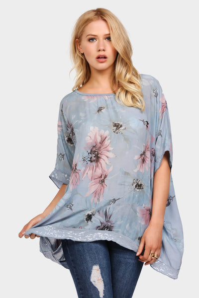 Denim Floral Print Oversized Sequin Top