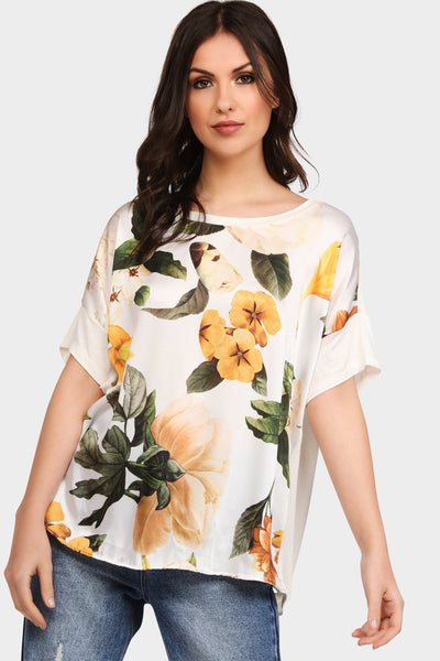 Cream Floral Print And Cream Satin Tee