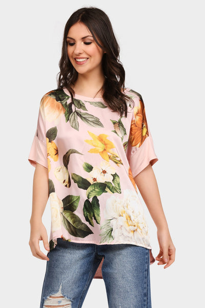 Pink Floral Print Satin Tee