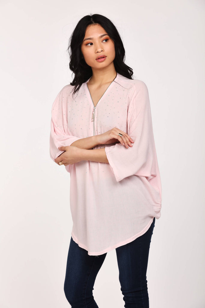 Pink Diamante Zip Neck Tunic