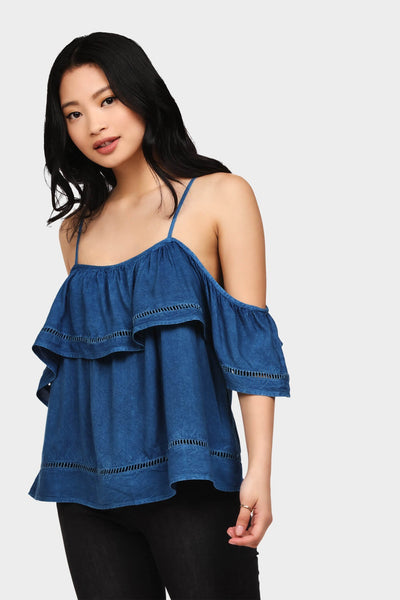 Denim Blue Dark Blue Bardot Frill Top