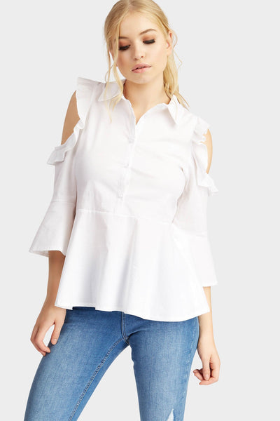 White Cut Shoulder Frill Shirt