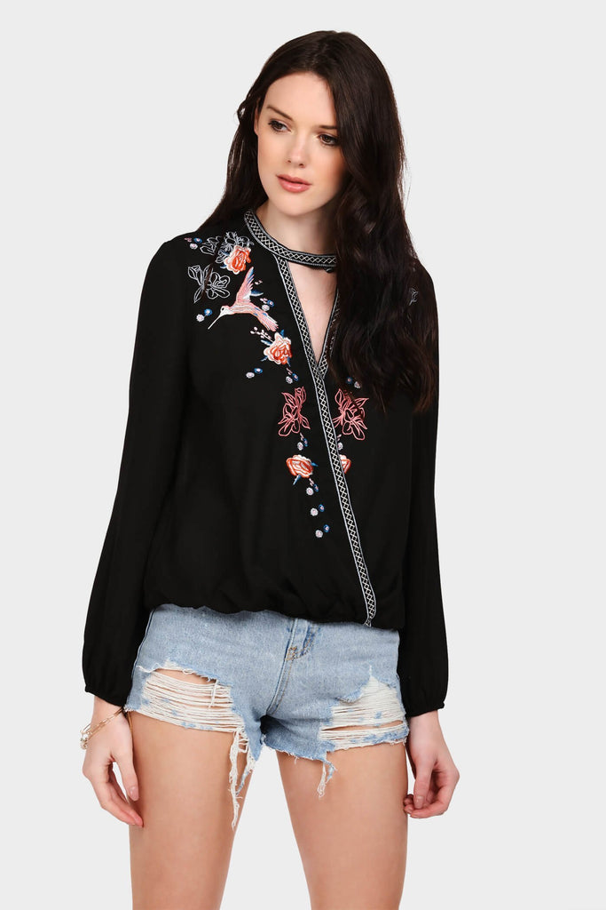 Black Embroidered Wrap Front Blouse