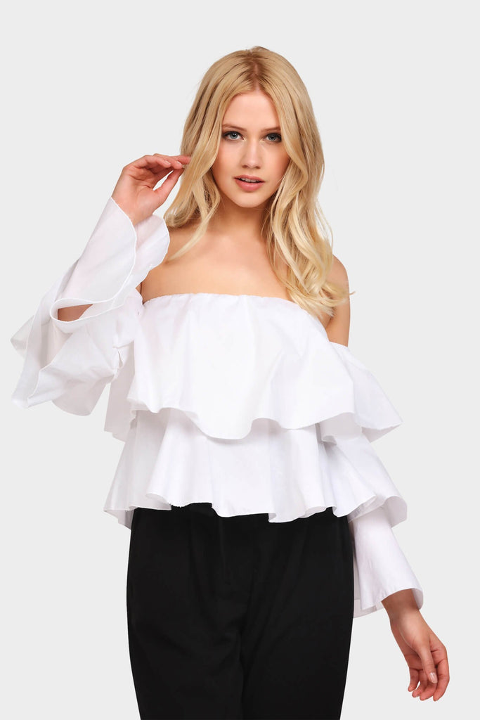 White Ruffle Bardot Top