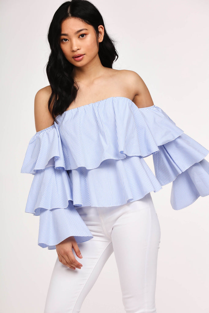 Blue/White Ruffle Bardot Top