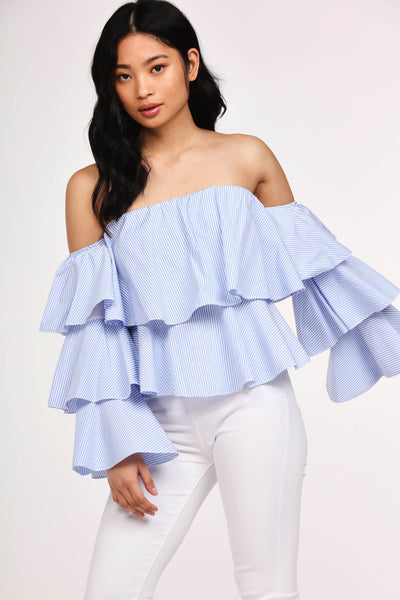 Blue/White Ruffle Bardot Top