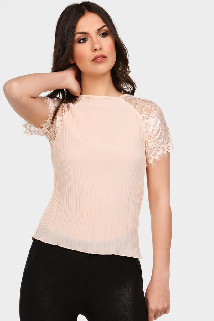 Nude Lace Sleeve Pleated Top