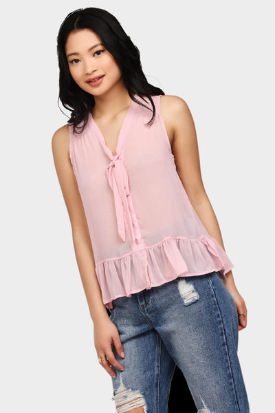 Pink Sleeveless Pussy Bow Top