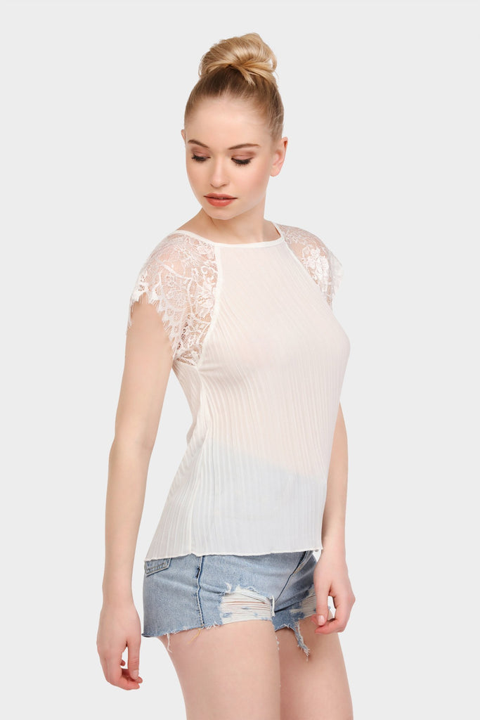Cream Lace Sleeve Pleated Top