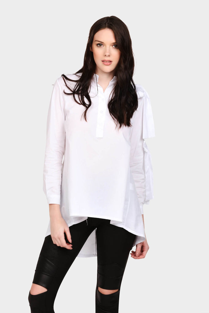 White Tie Sleeve Mandarin Blouse