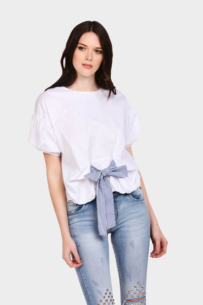 White Tie Waist Short Sleeve Top