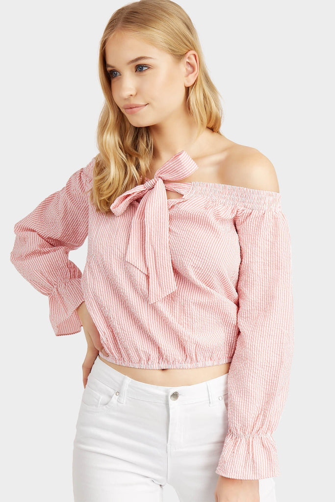 Pink
 Stripe Bardot Top With Bow
