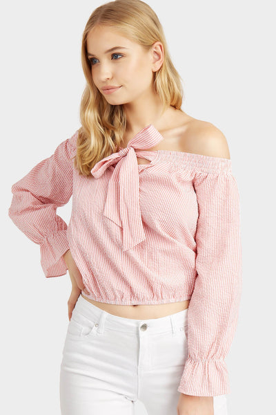 Pink
 Stripe Bardot Top With Bow