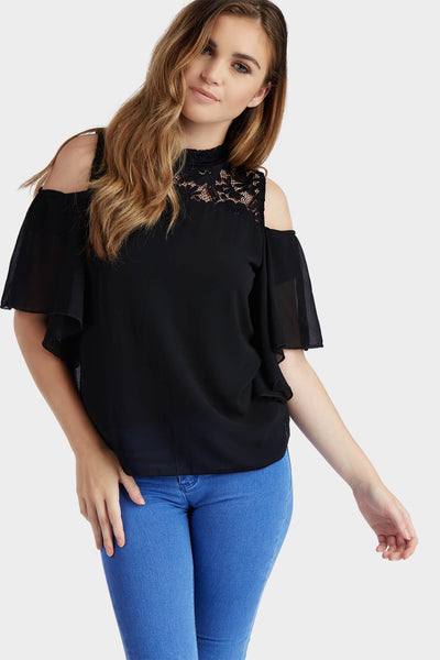 Black High Neck Lace Cold Shoulder Top