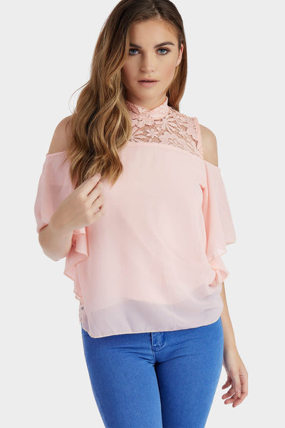 Rose High Neck Lace Cold Shoulder Top
