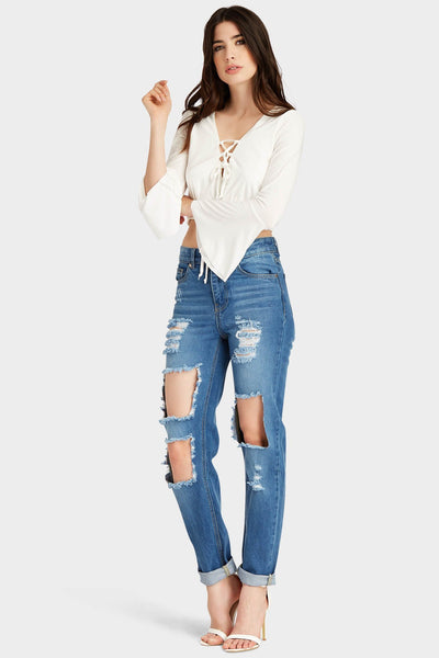 Cream Lace Up Bell Sleeve Crop Top