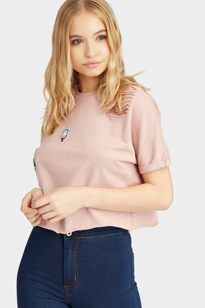 Pink Cropped Ripped Top