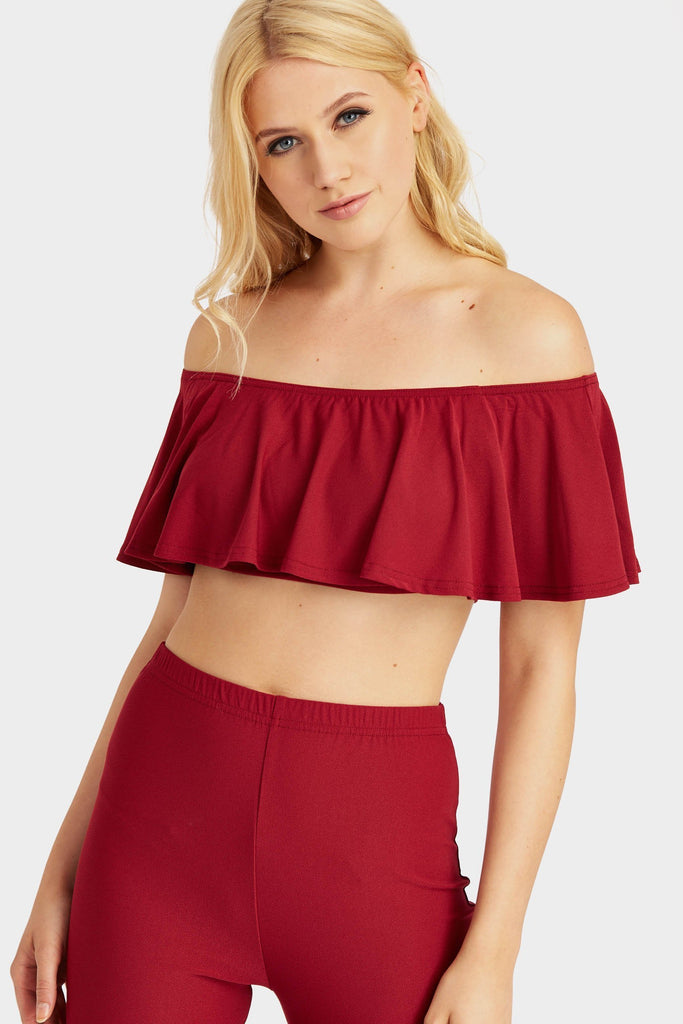 Wine Frill Off Shoulder Crop Top
