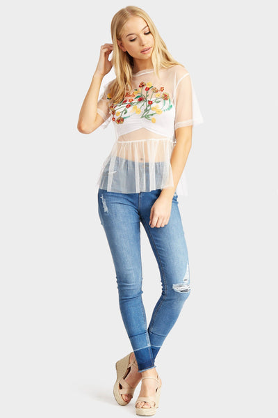 White Mesh Floral Top