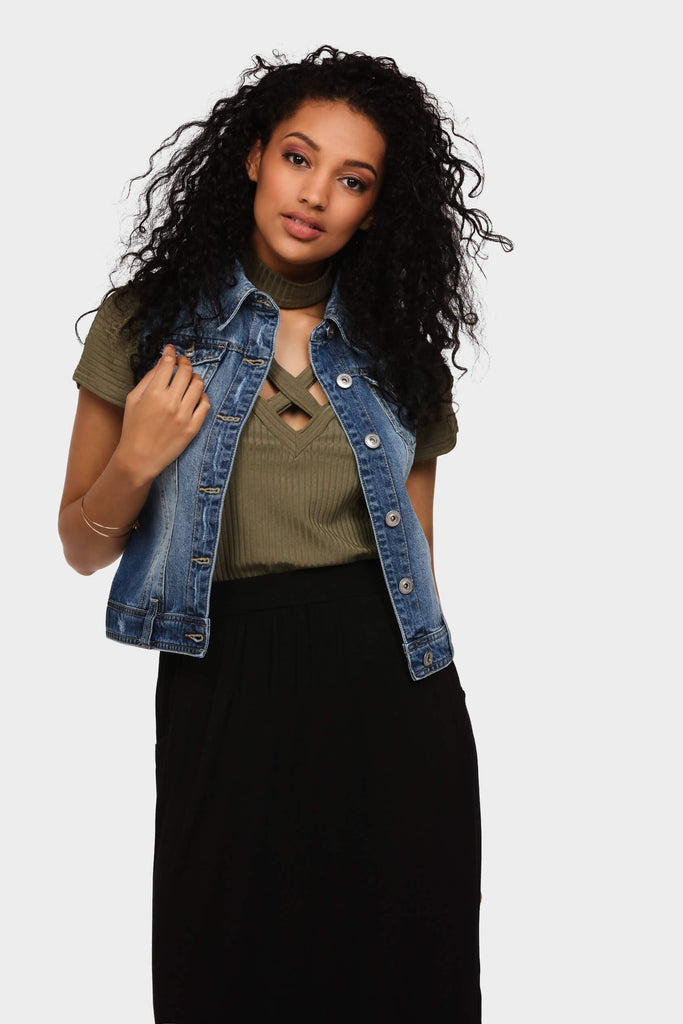 Denim Blue Distressed Sleeveless Jacket