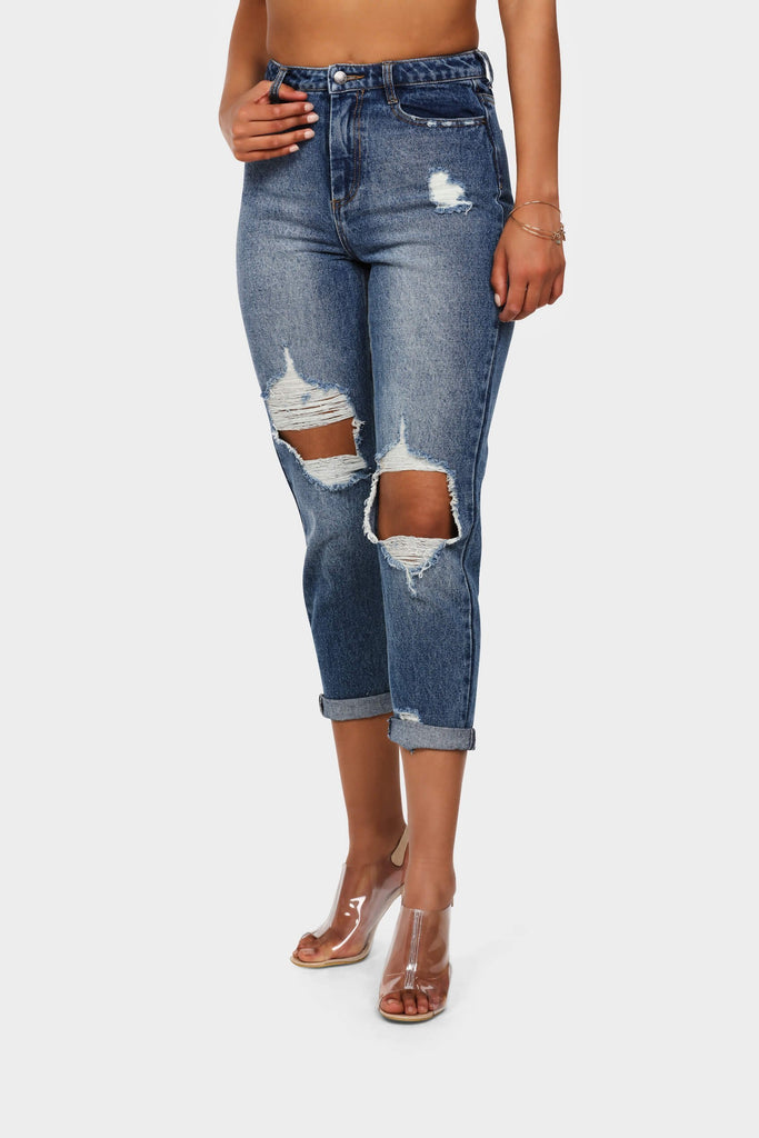 Denim Blue High Waisted Ripped Mom Jeans