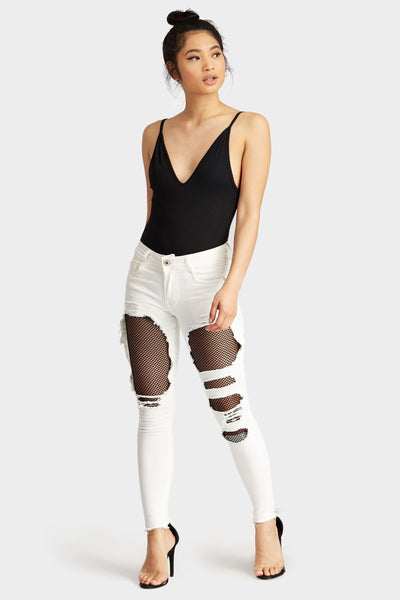 White Mesh Ripped Knee Skinny Jean