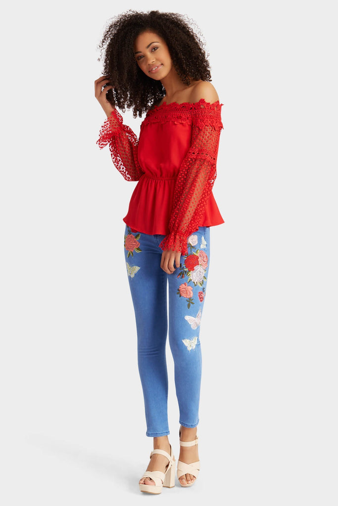 Denim Blue Embroidered Floral Jeans