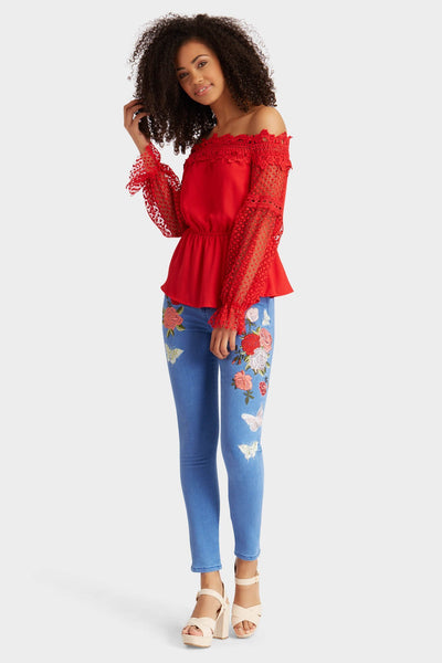 Denim Blue Embroidered Floral Jeans