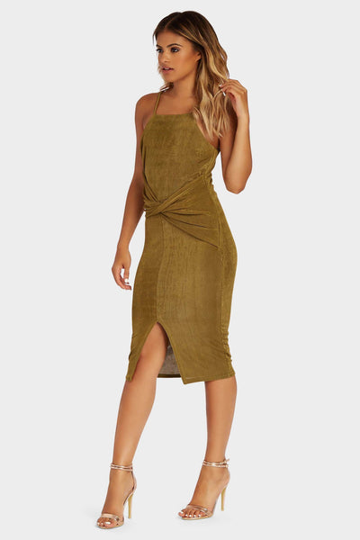 Olive Strappy Wrap Front Midi Dress