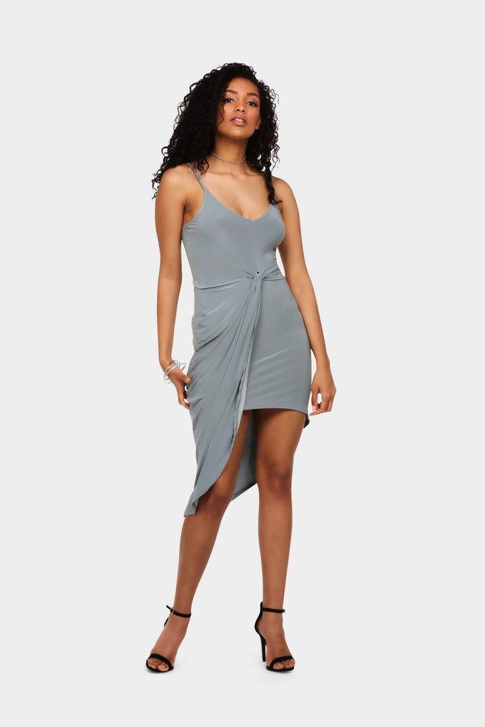 Sage Asymmetric Wrap Twist Strappy Midi Dress