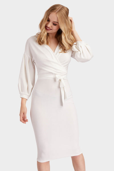 Cream Puff Bell Sleeve Wrap Midi Dress