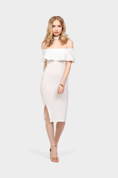 Cream Ruffle Off Shoulder Choker Midi Dress