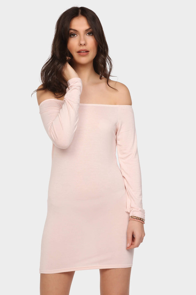 Nude Off Shoulder Basic Mini Dress