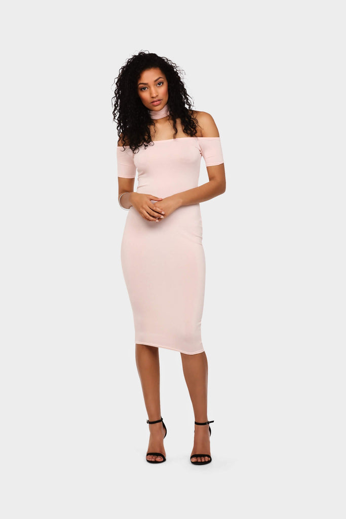 Nude Off Shoulder Cap Sleeve Midi Dress