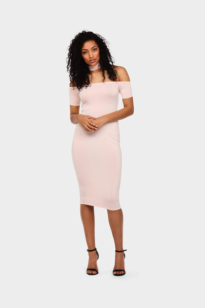 Nude Off Shoulder Cap Sleeve Midi Dress