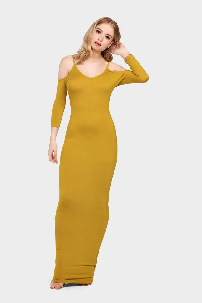 Olive Cold Shoulder V Neck Maxi Dress