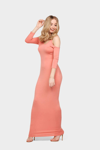Salmon Open Shoulder V-Neck Maxi Dress