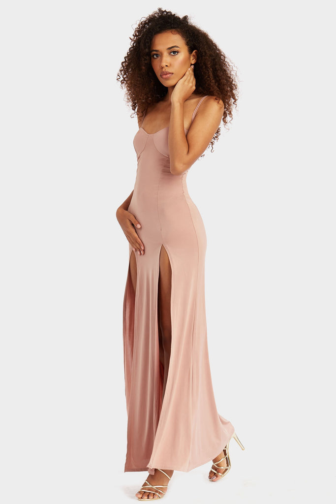 Dusky Pink Double Split, Strappy Slinky Maxi