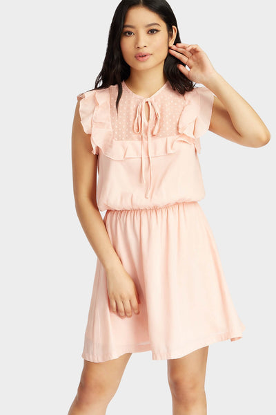 Rose Tie Neck Frilly Shoulder Mini Dress