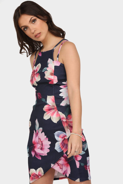 Navy Floral Double Strap Wrap Hem Mini Dress