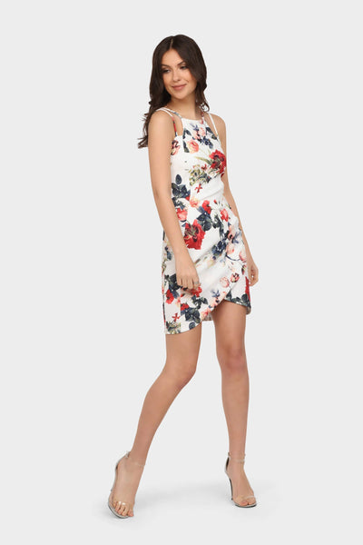Cream Floral Double Strap Wrap Hem Mini Dress