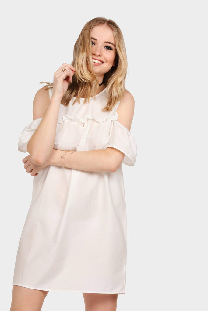 Cream Cold Shoulder Frill Dress