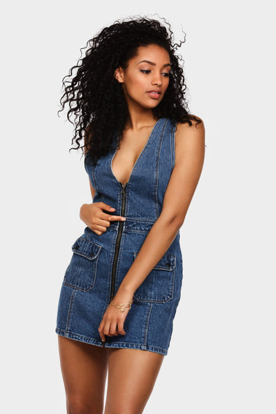 Denim Blue Front Zip Mini Denim Dress