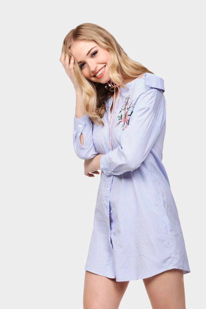 Blue/White Bardot Embroidered Shirt Dress