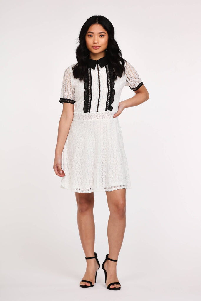 Cream Contrast Lace Dress With Collar