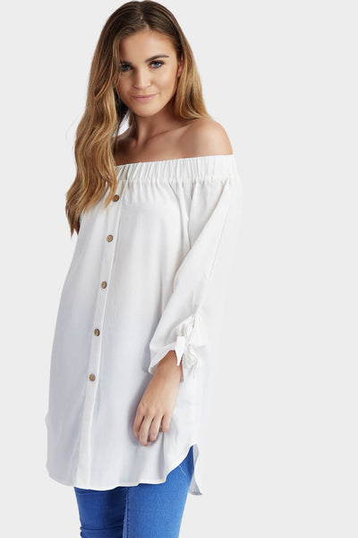 White Button Front Bardot