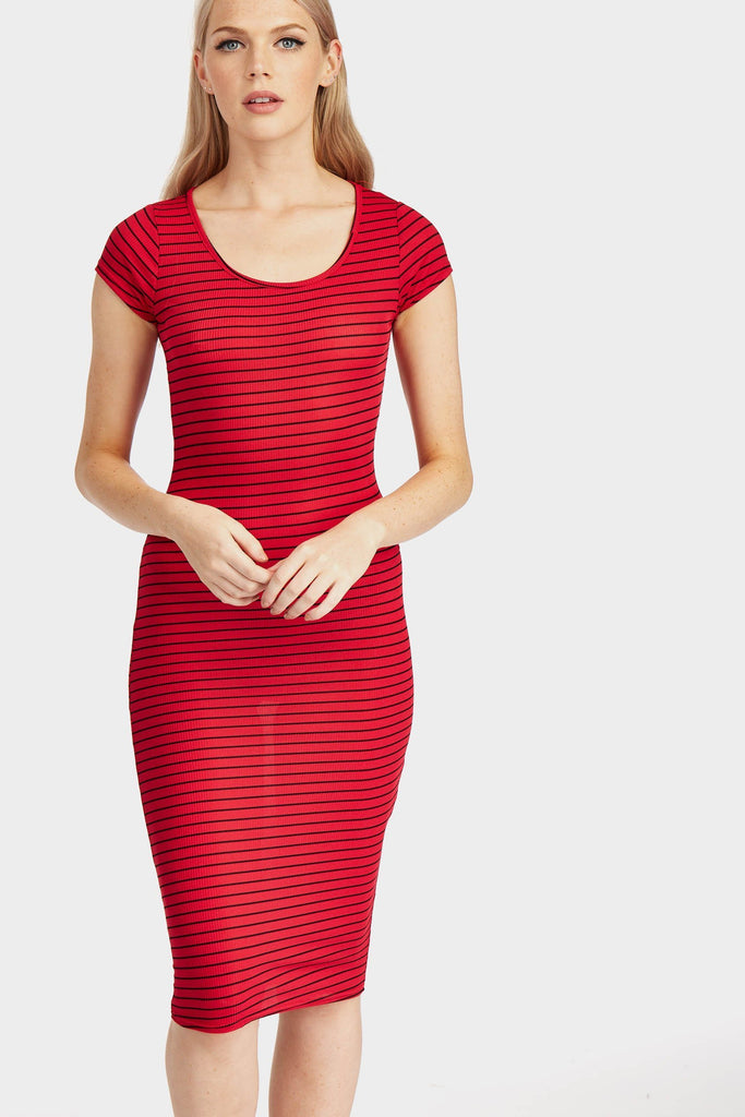 Red Rib Stripe Midi Dress
